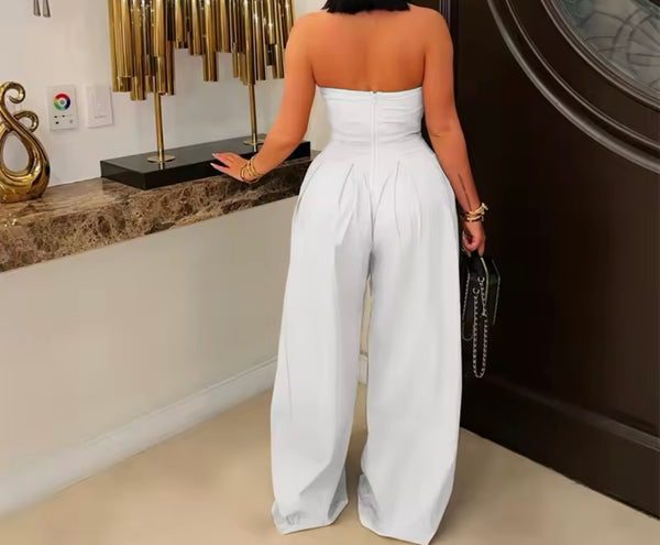 Women Sexy Fashion Button Strapless Wide Leg Jumpsuit