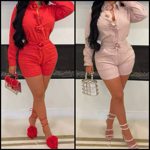 Women Floral Full Sleeve Solid Color Two Piece Short Set