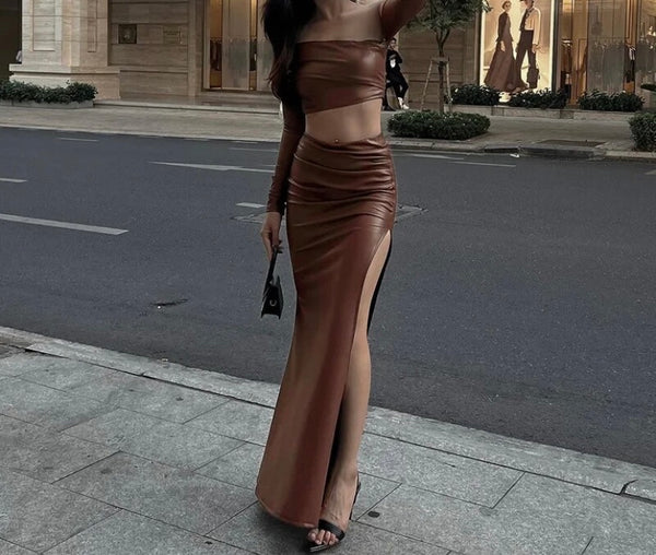 Women Brown Faux Leather One Shoulder Full Sleeve Two Piece Maxi Skirt Set