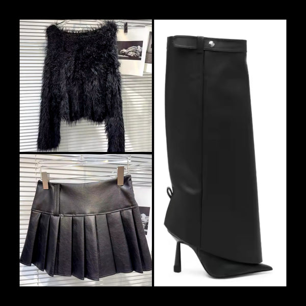 Women Black Pointed Toe Buckled Faux Leather Knee High Boots