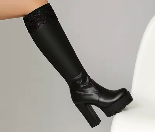 Women Fashion Lace Faux Leather Platform High Heel Boots
