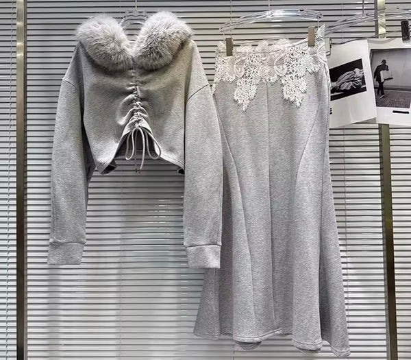 Women Fur Hooded Drawstring Gray Two Piece Pant Set