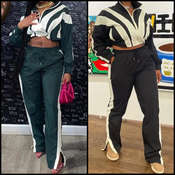 Women Fashion Striped Zip Up Tracksuit Two Piece Pant Set