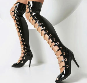 Women Fashion Open Toe Chain Patent Leather Knee High Boots