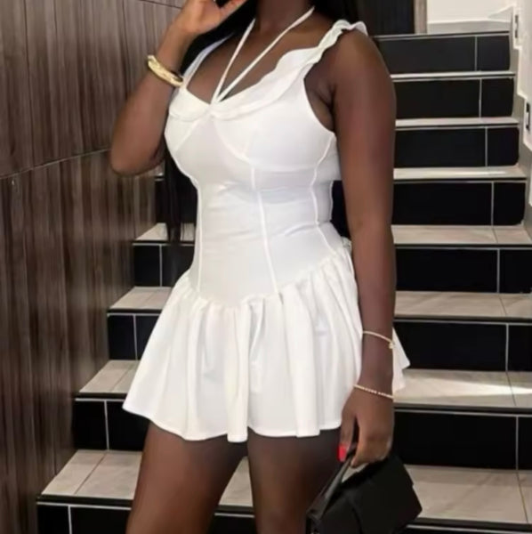Women White Ruffled Sleeveless Sexy Dress