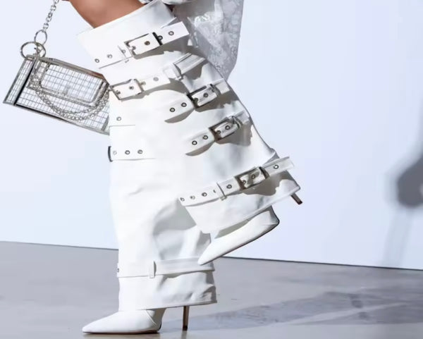 Women White Pointed Toe Buckled Fashion Knee High Boots