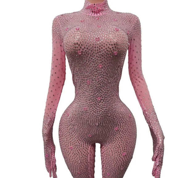 Women Sexy Rhinestone Crystal Glove Full Sleeve Jumpsuit