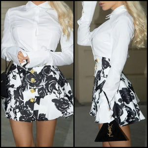 Women Sexy B&W Floral Two Piece Full Sleeve Skirt Set