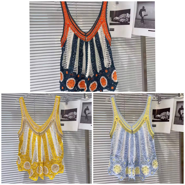 Women Rhinestone Sleeveless Color Patchwork Knitted Tank Top