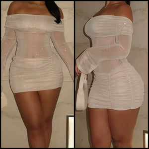 Women Sexy Off The Shoulder Full Sleeve Mesh Dress