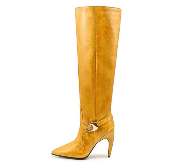 Women Buckled Faux Leather Fashion High Heel Knee High Boots