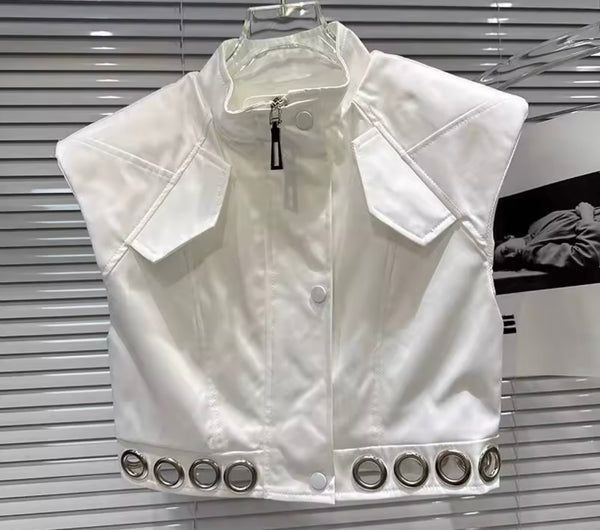 Women Fashion Zipper Button Up Metal Ring Vest Jacket