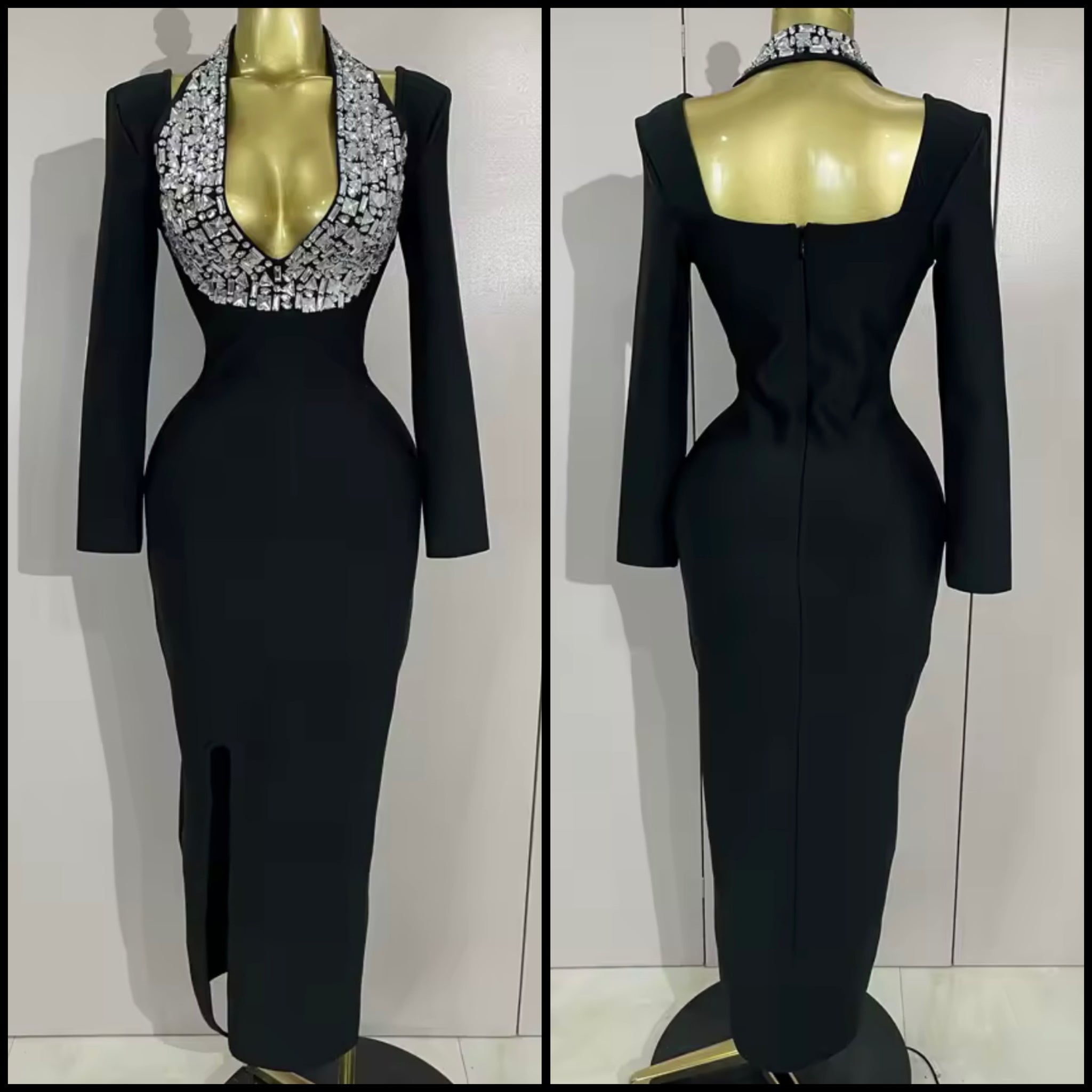Women Black Rhinestone Halter Full Sleeve Sexy Maxi Dress