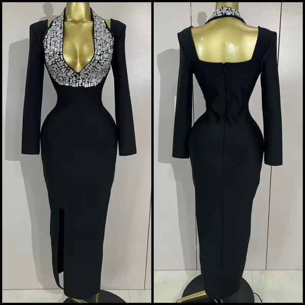 Women Black Rhinestone Halter Full Sleeve Sexy Maxi Dress