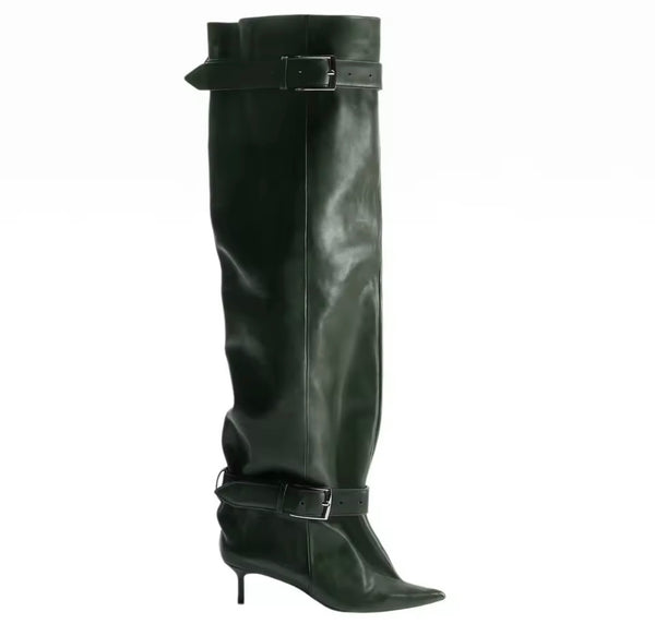 Women Pointed Toe Double Buckle Knee High Boots