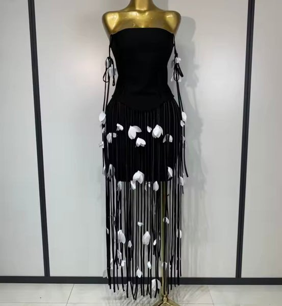 Women Sexy Strapless Floral Fringe Tassel Dress