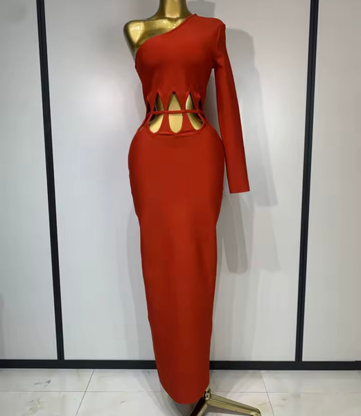 Women Sexy Red One Shoulder Full Sleeve Cut Out Maxi Dress