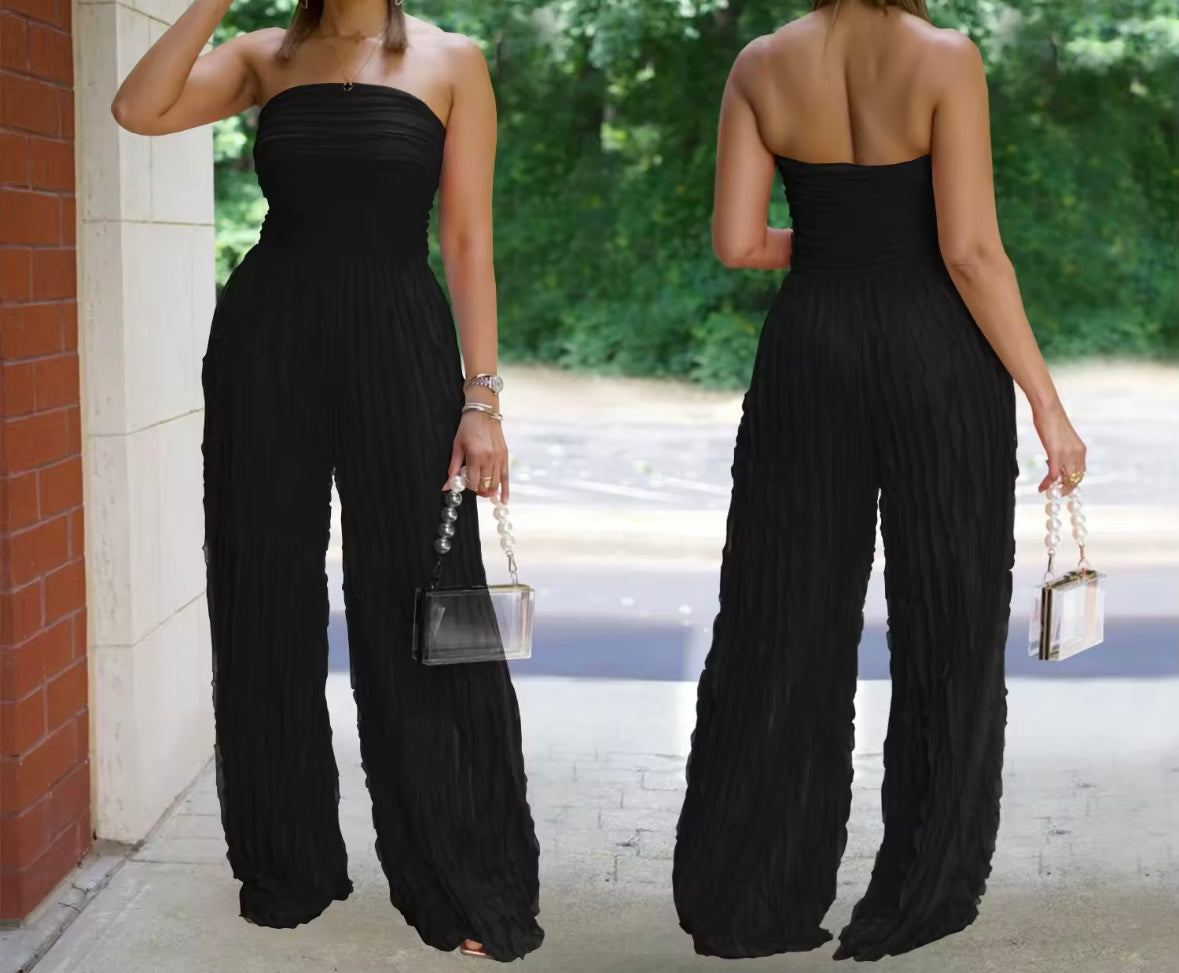 Women Sexy Strapless Color Pleated Jumpsuit