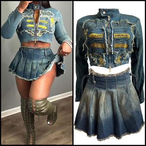 Women Fashion Fringe Printed Two Piece Pleated Denim Skirt Set