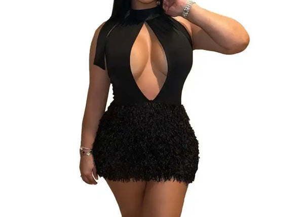 Women Black Sexy Halter Sleeveless Furry Dress