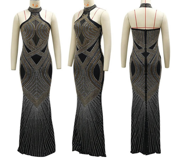 Women Sexy Halter Sleeveless Beaded Mesh Maxi Dress