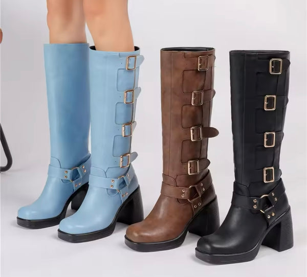 Women Color Fashion Square Toe Buckled Knee High Boots