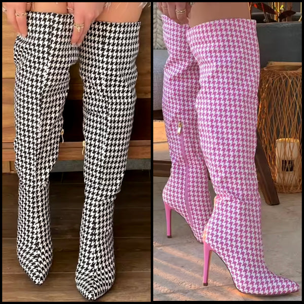 Women Fashion Color Plaid High Heel Knee High Boots