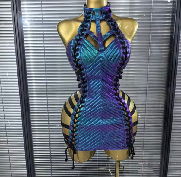 Women Sexy Halter Sleeveless Cut Out Tie Up Dress