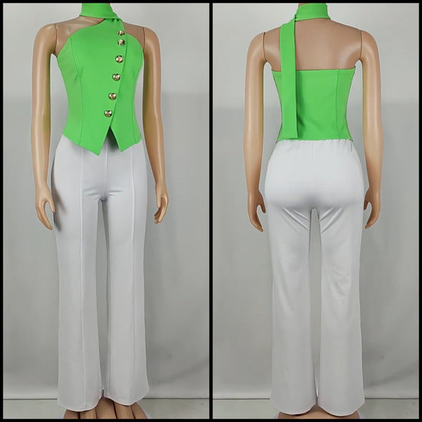 Women Button Up Halter Sleeveless Two Piece Pant Set