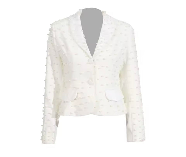 Women Solid Color Beaded Pearl Blazer Two Piece Pant Set