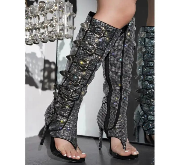 Women Fashion Open Toe Bling Buckled Knee High Boots