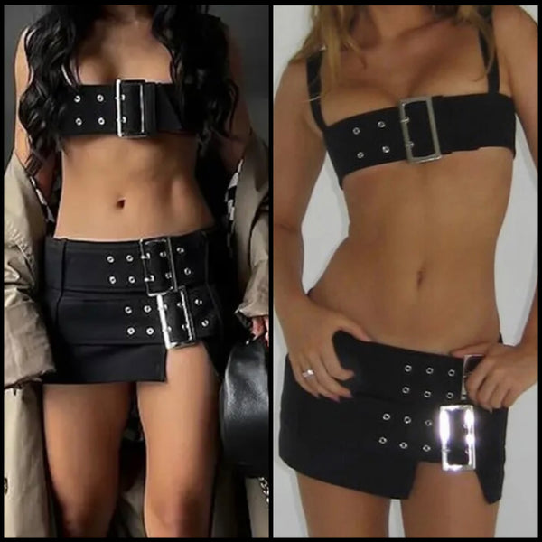 Women Black Sexy Buckled Sleeveless Crop Two Piece Skirt Set