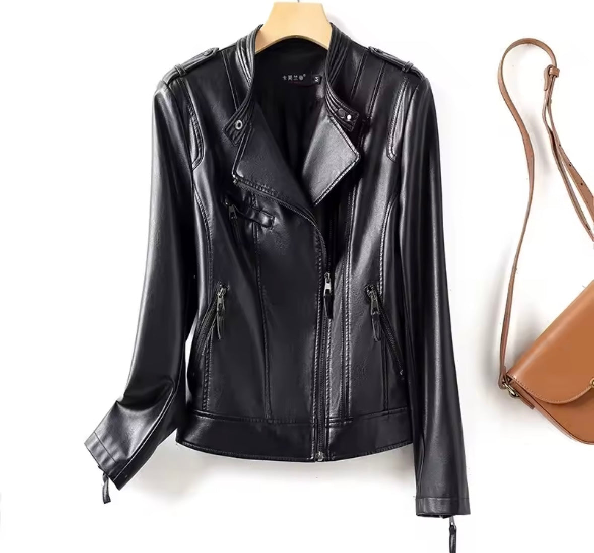 Women Color Fashion Faux Leather Jacket