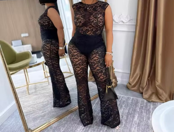 Women Sexy Solid Color Short Sleeve Lace Two Piece Pant Set