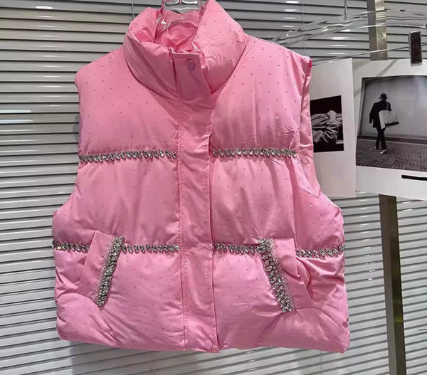 Women Fashion Color Rhinestone Puff Vest Jacket