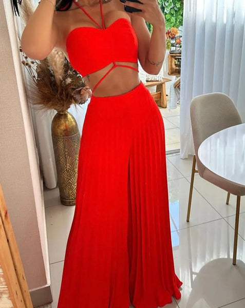 Women Red Sexy Sleeveless Two Piece Pleated Pant Set