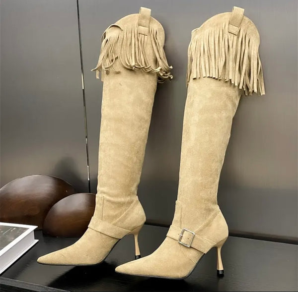 Women Fashion Suede Tassel Buckled Knee High Boots