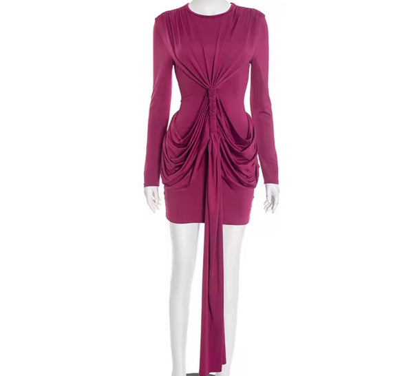 Women Sexy Draped Ruche Tassel Full Sleeve Dress