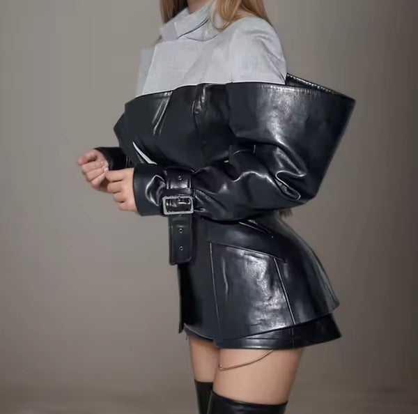 Women Fashion Color Patchwork Faux Leather Button Up Blazer Jacket