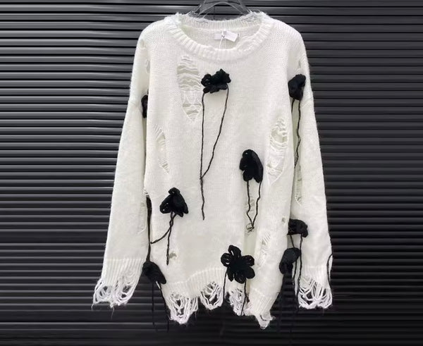 Women Color Fashion Distressed Oversized Sweater Top