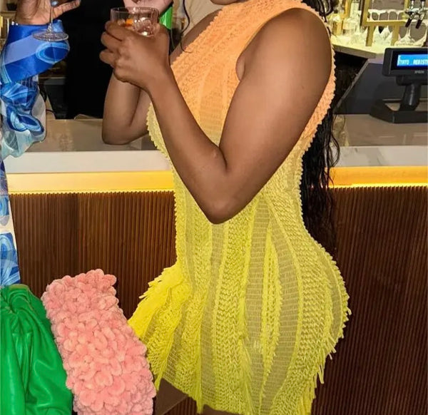Women Sexy Sleeveless Yellow Gradient Fringe Dress