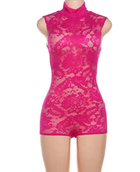 Women Sexy Sleeveless Pink Lace Romper