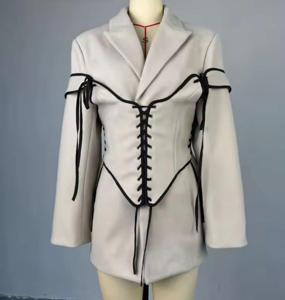 Women Sexy Fashion Lace Up Corset Full Sleeve Blazer Dress