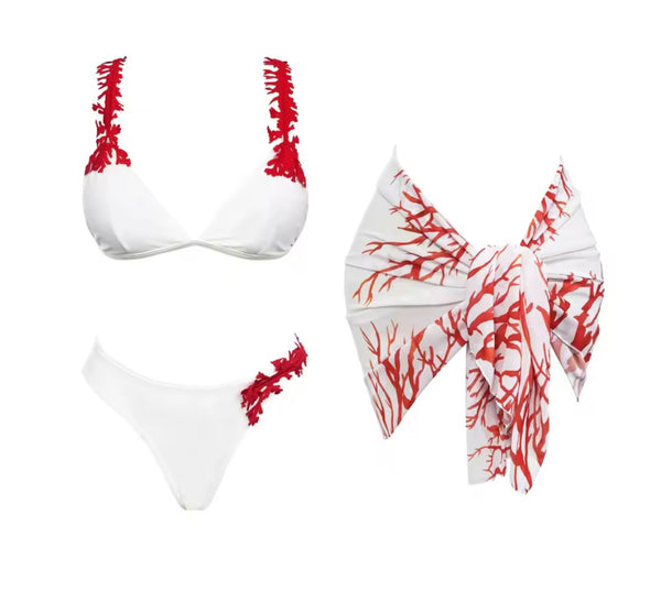 Women Sexy Printed Strap Color Patchwork Bikini Cover Up Set