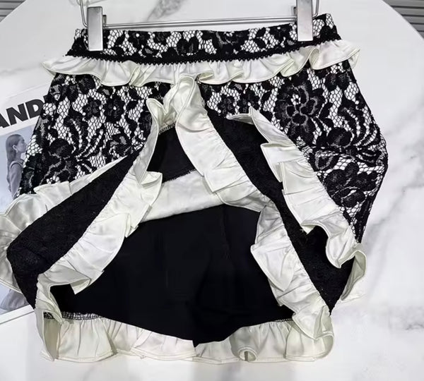 Women B&W Lace Button Up Blazer Two Piece Skirt Set
