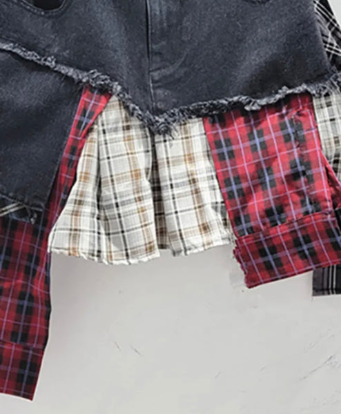 Women Fashion Denim Plaid Patchwork Skirt