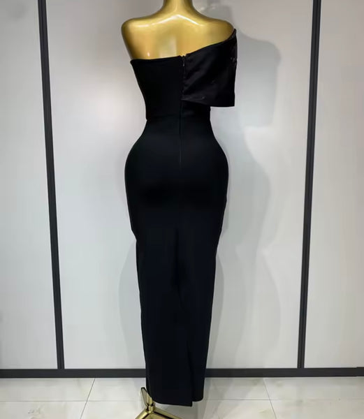 Women Sexy Black Off The Shoulder Sleeveless Pearl Bling Maxi Dress