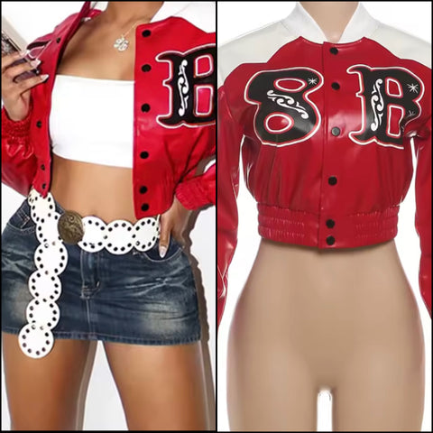 Women Fashion Color Patchwork Button Up Faux Leather Varsity Jacket