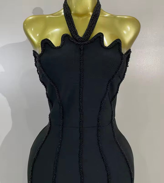 Women Black Sexy Beaded Halter Sleeveless Maxi Dress
