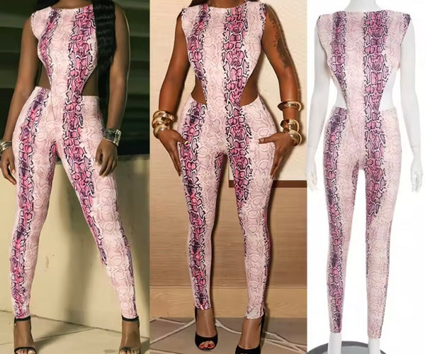 Women Sexy Sleeveless Pink Serpentine Two Piece Pant Set
